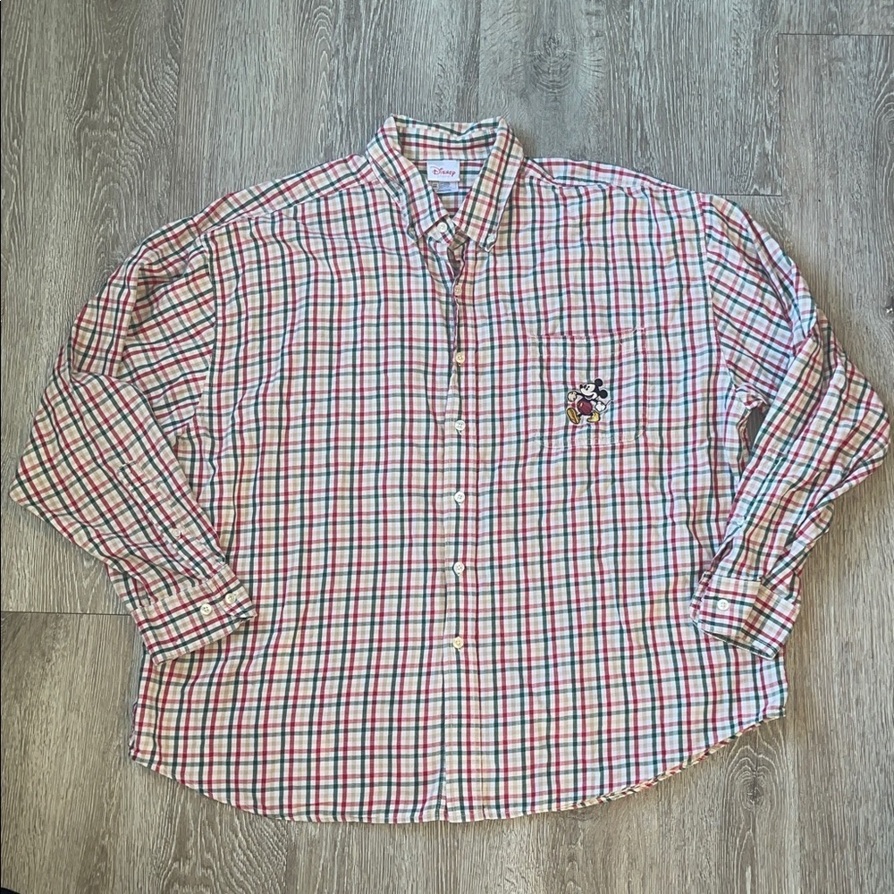 Vintage Disney Red and Green Plaid Shirt button down Mickey Mouse